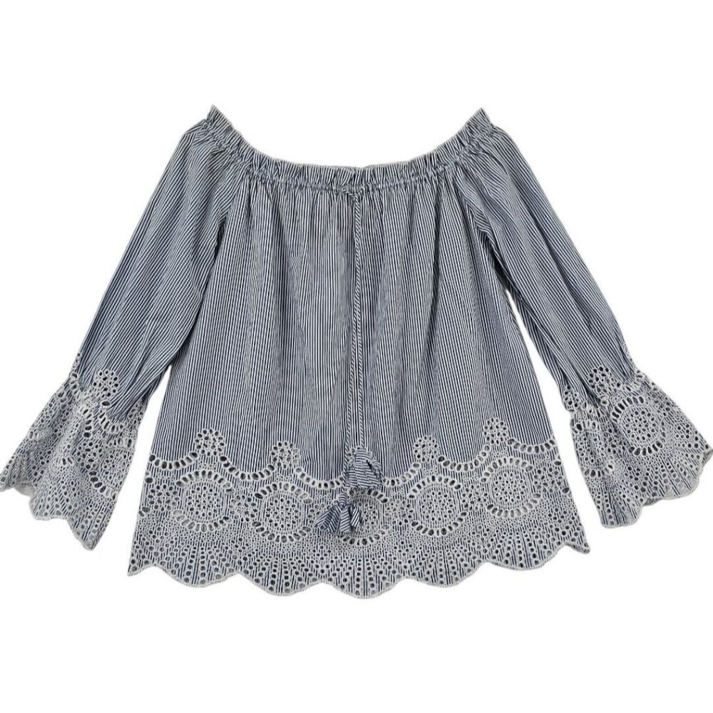 Tolani Womens S Blue White Stripe Off the Shoulder Lace Trim‎ Shirt